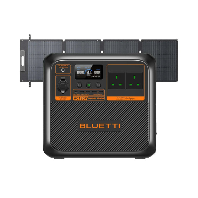 BLUETTI AC180P portable power station with 1,800W output, 1,440Wh LiFePO4 battery, multiple AC and USB ports, and foldable solar panel.