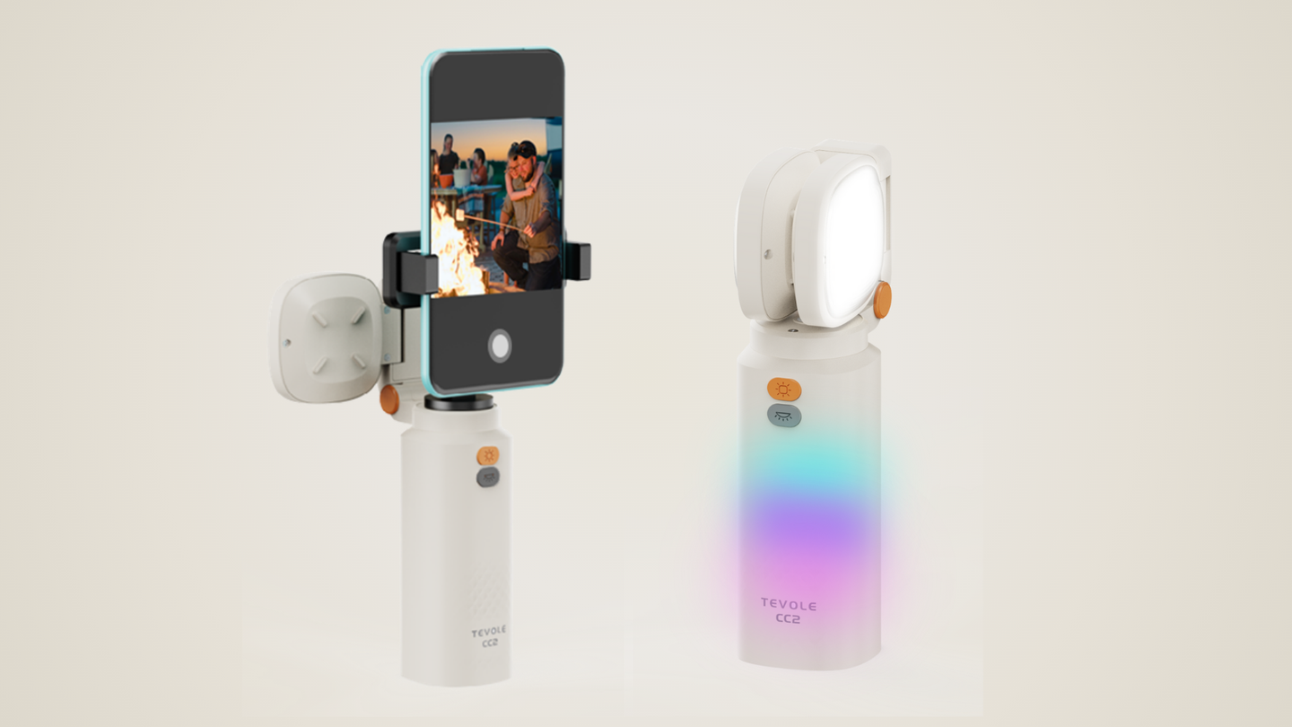 ECP002 multi-functional camping light with adjustable bright white and colorful ambient lighting, portable design with smartphone mount, ideal for outdoor and camping use.