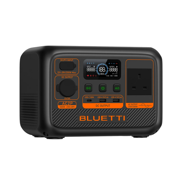 BLUETTI AC2P Portable Power Station 300W 230Wh compact black power station with multiple output ports and digital display