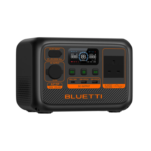 BLUETTI AC2P Portable Power Station 300W 230Wh compact black power station with multiple output ports and digital display