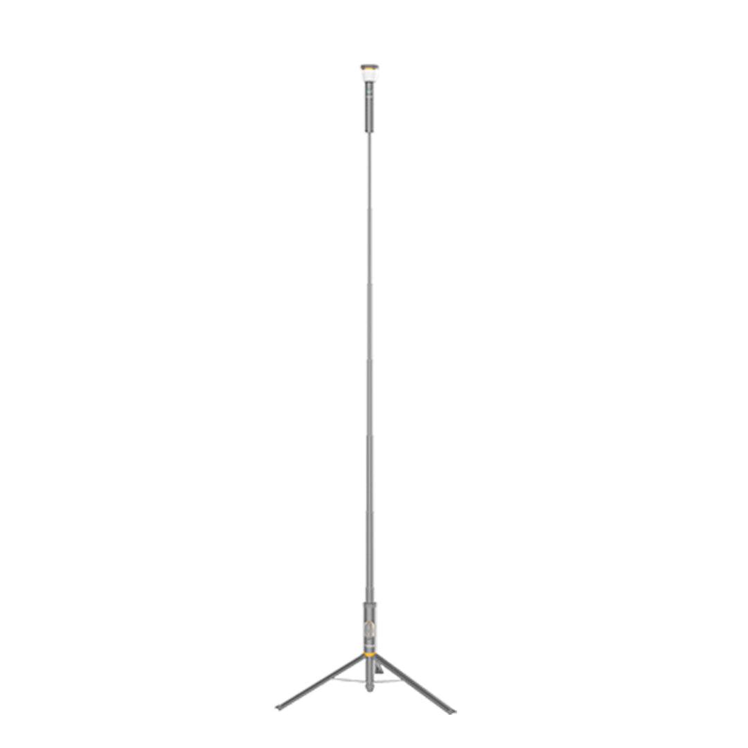Multi-functional camping light on adjustable tripod stand extended to full height with LED lamp head