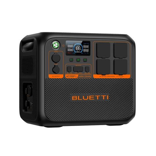 BLUETTI AC200P L Expandable Power Station with 2,400W output, 2,304Wh LiFePO₄ battery, multiple AC and USB ports, fast charging, and expandable capacity.