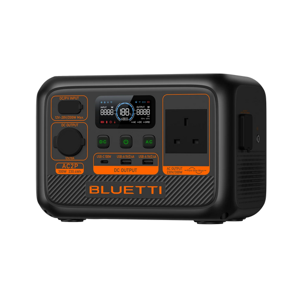 BLUETTI AC2P Portable Power Station 300W 230Wh compact unit with AC, USB-C, and USB-A ports and digital display