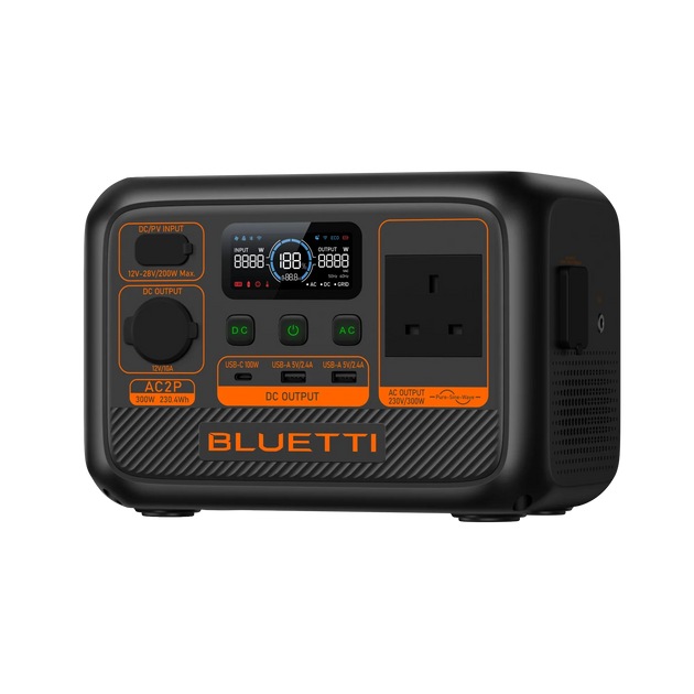 BLUETTI AC2P Portable Power Station 300W 230Wh compact unit with AC, USB-C, and USB-A ports and digital display