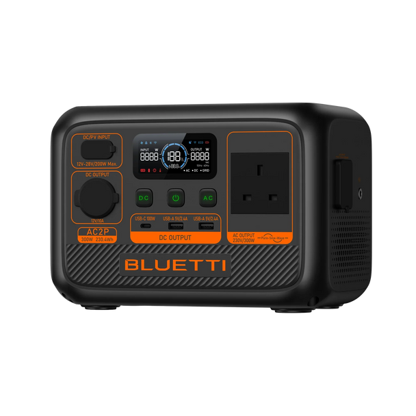 BLUETTI AC2P Portable Power Station 300W 230Wh compact unit with AC, USB-C, and USB-A ports and digital display