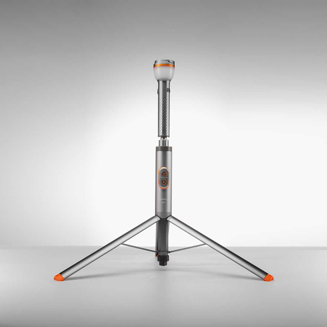 Portable multi-functional camping light with adjustable tripod and LED flashlight on white background