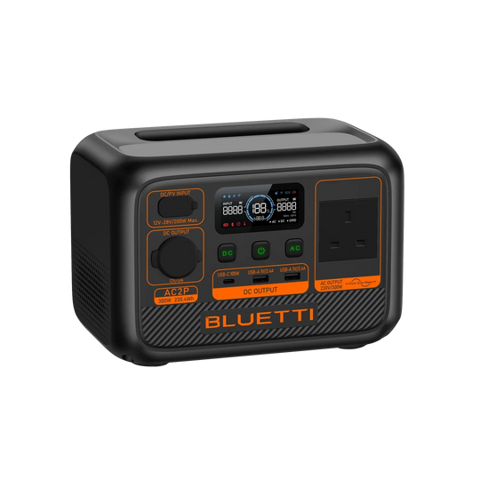 BLUETTI AC2P Portable Power Station 300W 230Wh compact battery with multiple AC, USB, and DC outputs and digital display