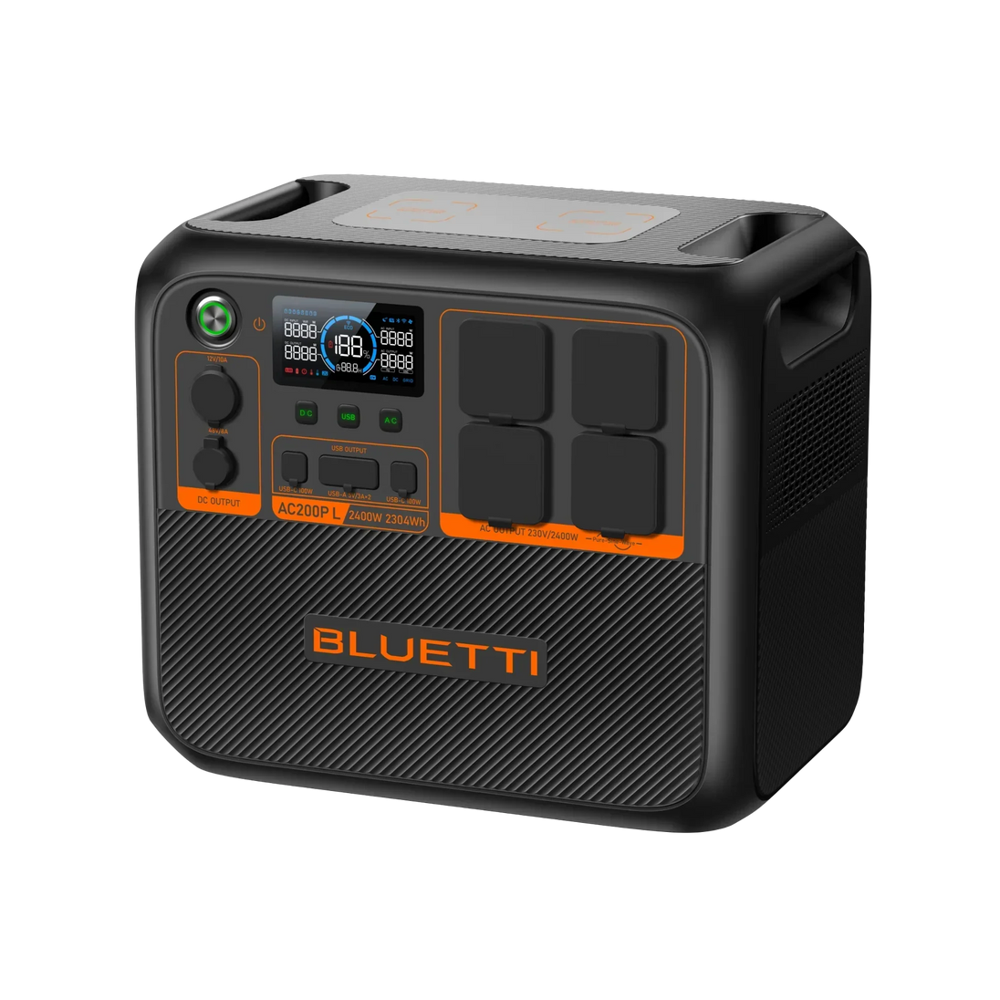 BLUETTI AC200P L Expandable Power Station with 2,400W output, 2,304Wh LiFePO₄ battery, multiple AC and USB ports, wireless charging pads, and expandable capacity up to 8kWh.