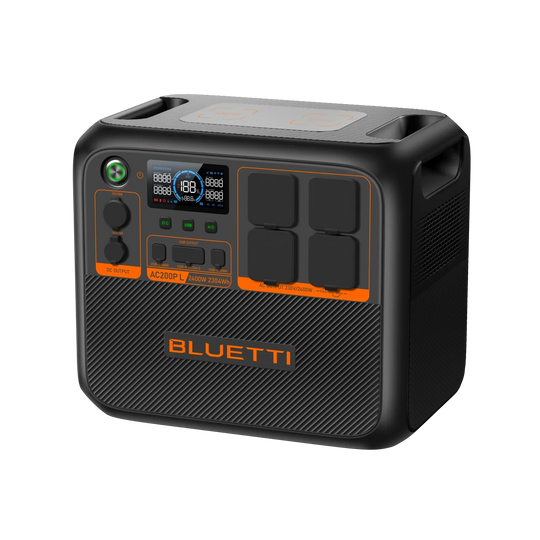 BLUETTI AC200P L Expandable Power Station with 2,400W output, 2,304Wh LiFePO₄ battery, multiple AC and USB ports, wireless charging pads, and expandable capacity up to 8kWh.