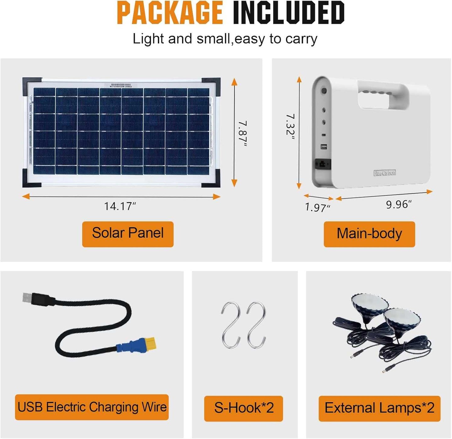 Package components for Solar Rechargeable Emergency Lantern, featuring a solar panel, main body, USB charging wire, S-hooks, and external lamps with cables. Light and portable design.