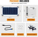 Package components for Solar Rechargeable Emergency Lantern, featuring a solar panel, main body, USB charging wire, S-hooks, and external lamps with cables. Light and portable design.
