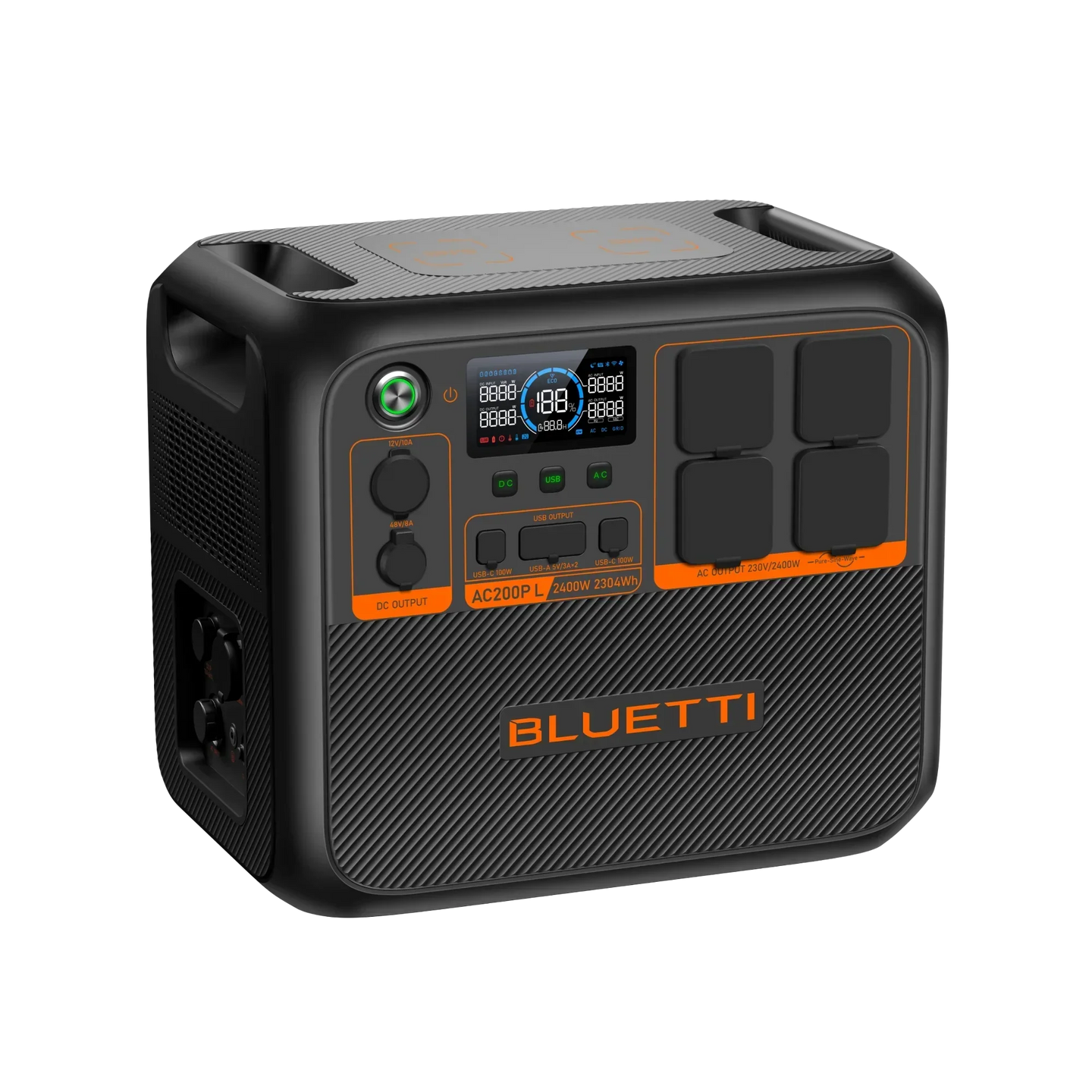 BLUETTI AC200P L Expandable Power Station with 2,400W output, 2,304Wh LiFePO4 battery, multiple charging options, and smart monitoring.
