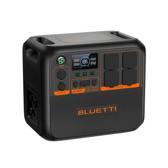 BLUETTI AC200P L Expandable Power Station with 2,400W output, 2,304Wh LiFePO4 battery, multiple charging options, and smart monitoring.