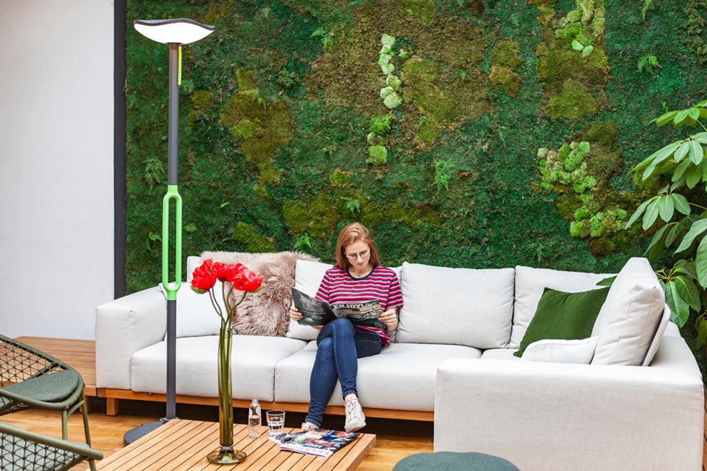 LUTEC Poppy solar LED floor lamp with Bluetooth speaker in modern garden setting