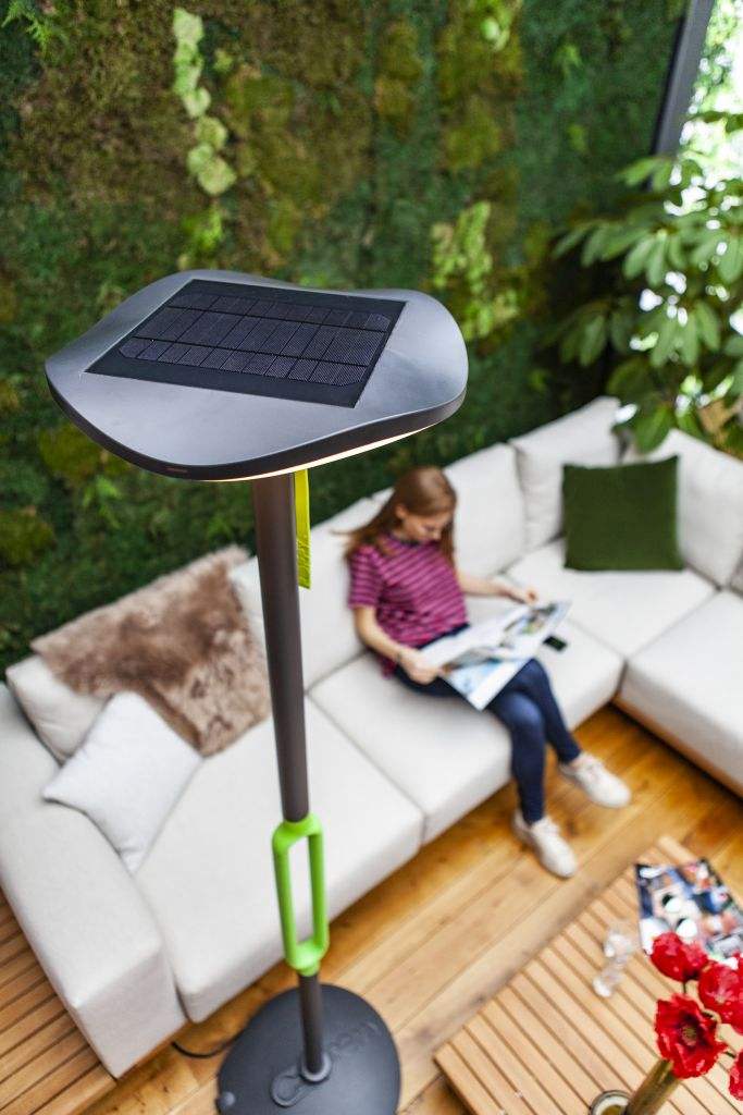 LUTEC Poppy solar LED floor lamp with Bluetooth speaker in modern outdoor garden setting