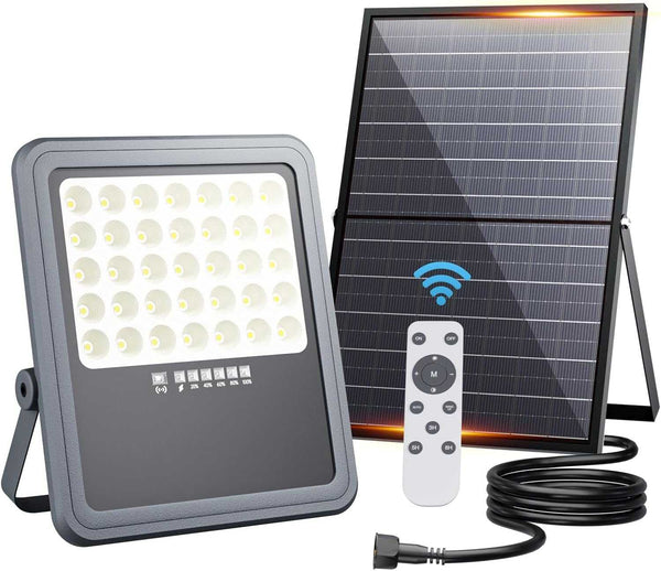 Solar flood light with solar panel, remote control, and 15000 mAh battery for outdoor use.