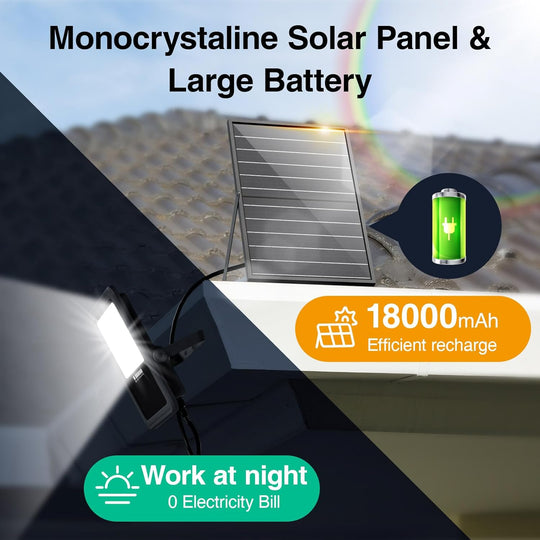 Solar flood light with 15000 mAh battery, IP65 waterproof, remote control, 3000K light.