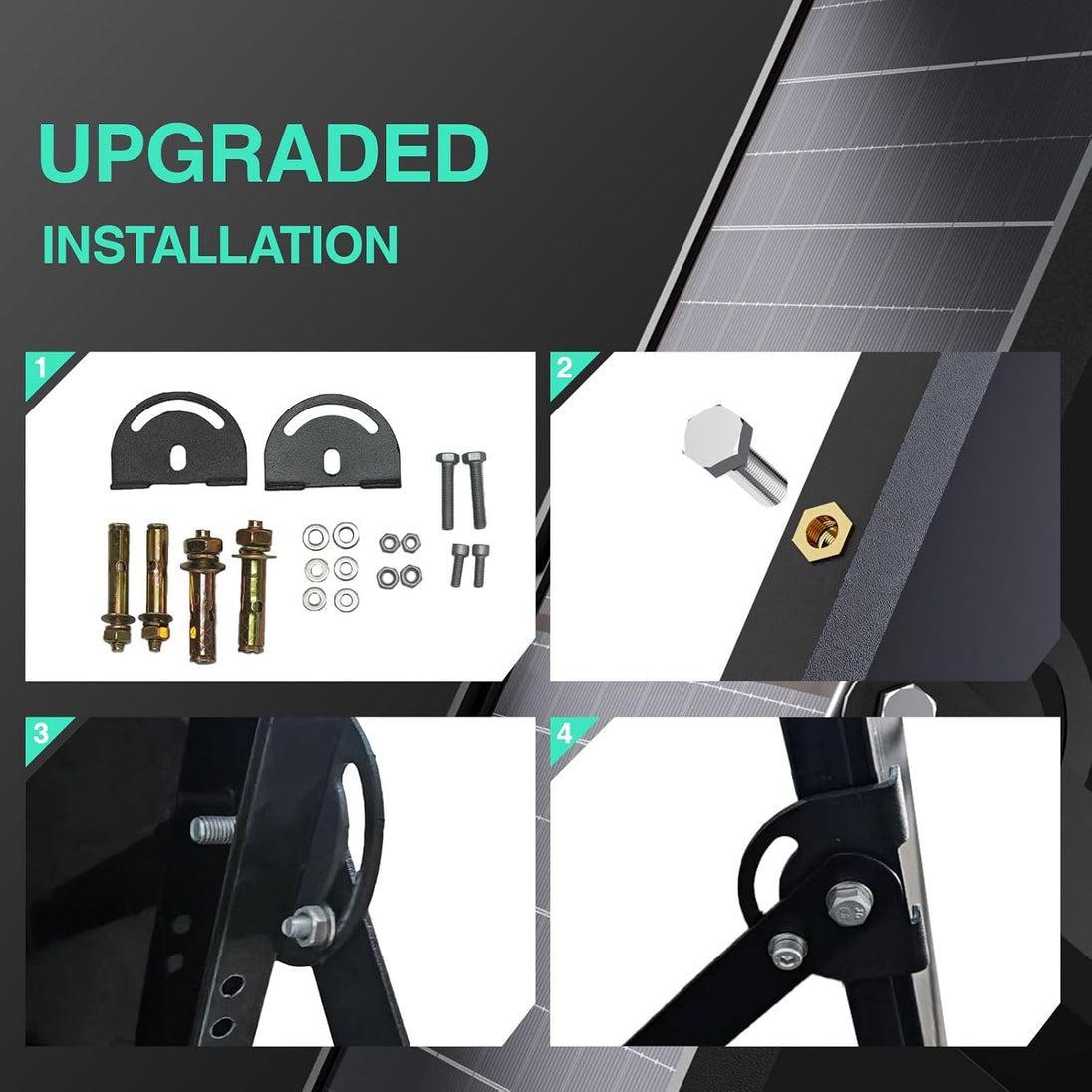 Upgraded installation guide for solar flood light with solar panel and fixtures.