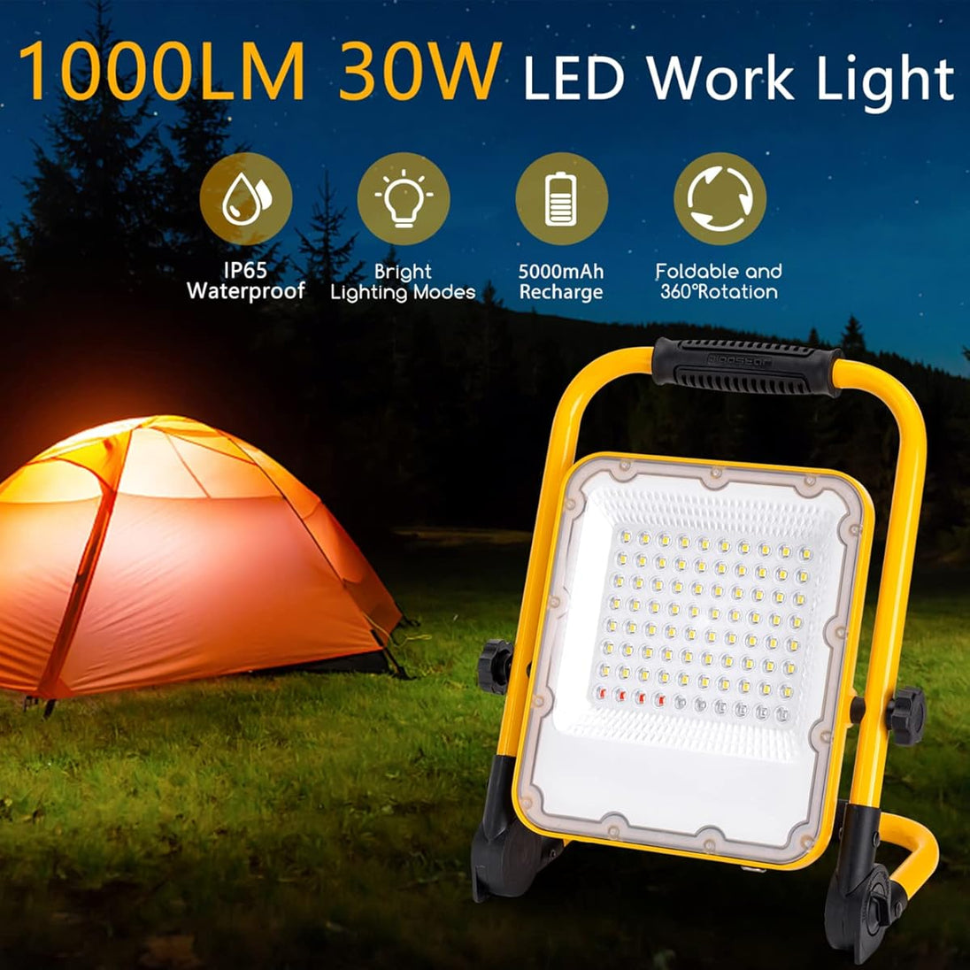 Solar Work Light portable LED with 1000 lumens, 30W, waterproof, rechargeable, foldable with 360° rotation for outdoor use