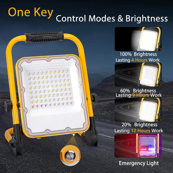 Portable solar work light with adjustable brightness and emergency mode, rechargeable lithium-ion battery, waterproof design, yellow frame