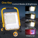 Solar Work Light with adjustable brightness and emergency mode, featuring 360° rotating body and 180° adjustable bracket.