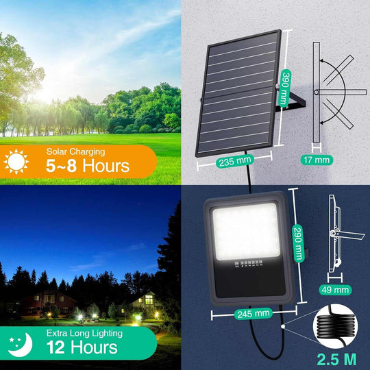 Solar flood light with solar panel, remote control, IP65 waterproof, 15000 mAh battery; ideal for outdoor use.