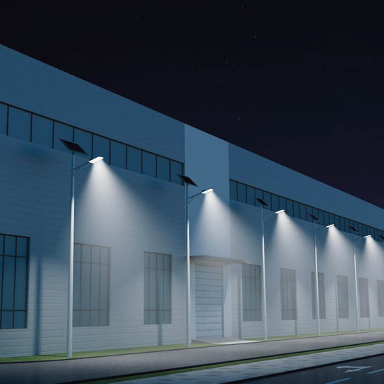 Solar street light set illuminating an outdoor area with precision-grade aluminum-magnesium alloy lamp shell and LED lamp beads.