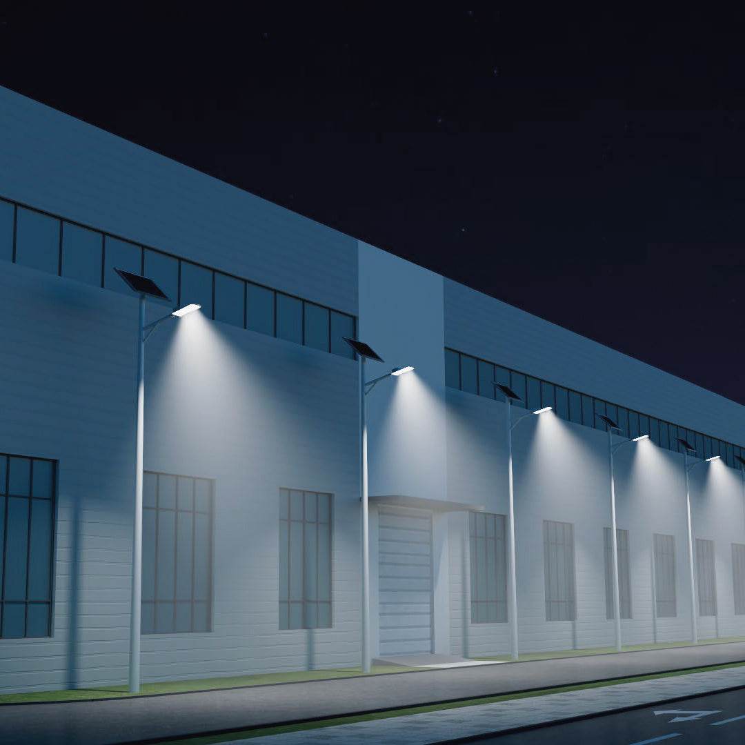 Solar Grain Street Light 5V mounted on poles lighting up building exterior at night with energy-efficient LED lamps