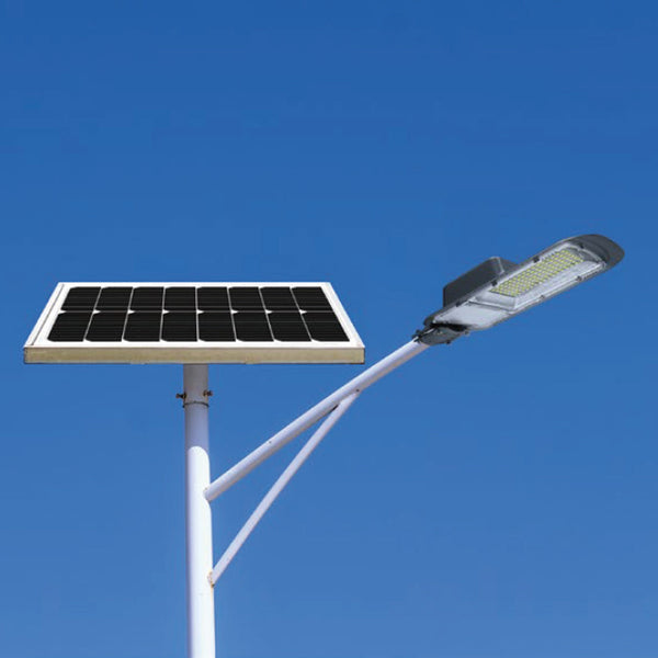 Solar Grain Street Light with 5V solar panel and LED lamp, installed outdoors against a clear blue sky.