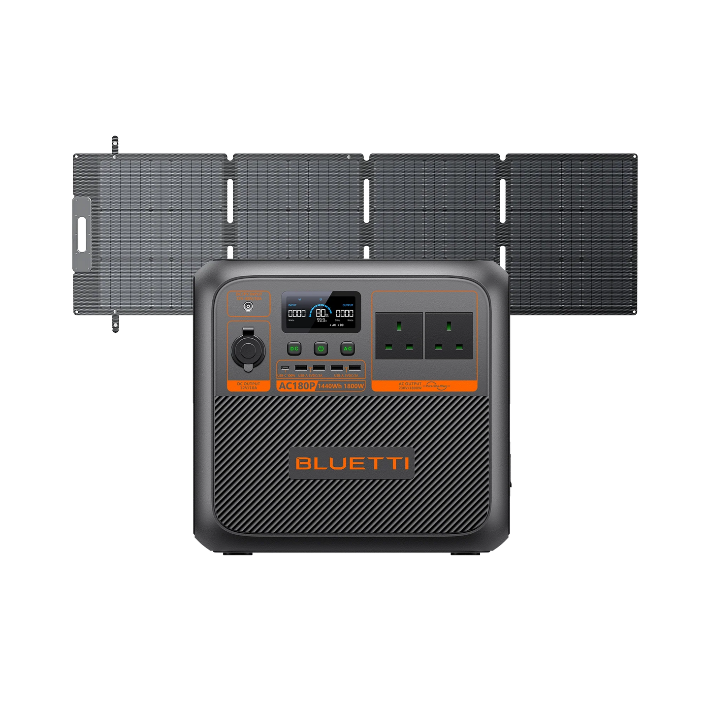 BLUETTI AC180P portable power station with 1,800W output, 1,440Wh battery, and foldable solar panels.