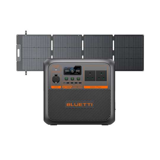 BLUETTI AC180P portable power station with 1,800W output, 1,440Wh battery, and foldable solar panels.