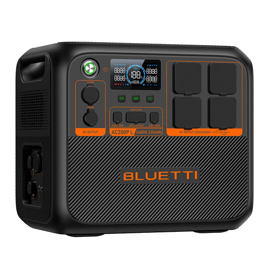 BLUETTI AC200P L expandable power station with 2,400W output and 2,304Wh LiFePO4 battery capacity, featuring multiple AC, USB, and DC outlets, fast charging, and RV-ready design.