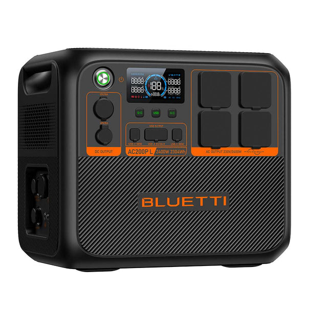BLUETTI AC200P L expandable power station with 2,400W output and 2,304Wh LiFePO4 battery capacity, featuring multiple AC, USB, and DC outlets, fast charging, and RV-ready design.
