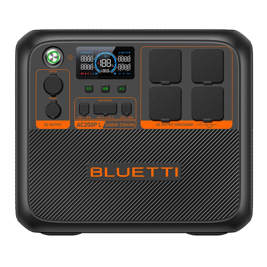 BLUETTI AC200P L Expandable Power Station with 2,400W power, 2,304Wh capacity, multiple AC and USB outputs, compact black and orange design.