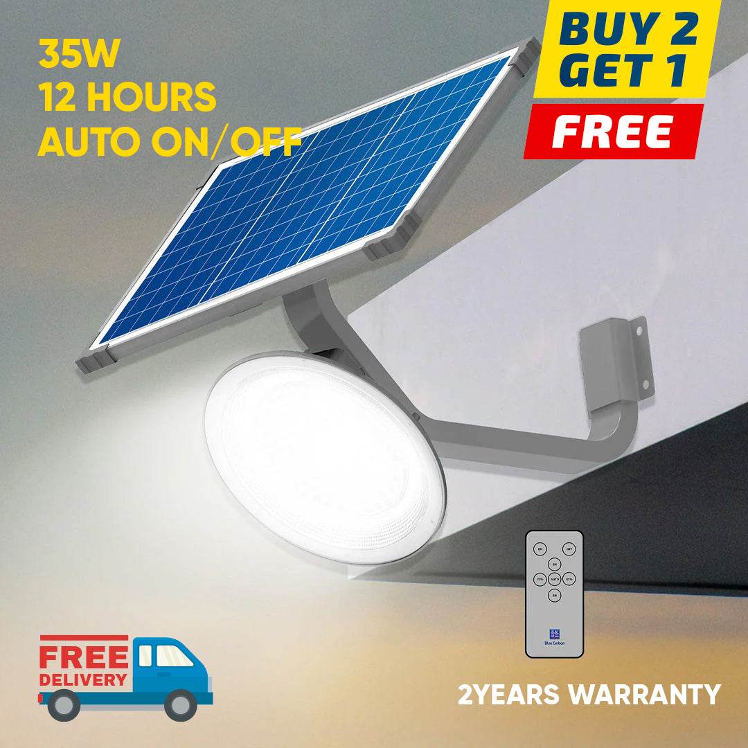 Solar garden light with 5V/35W solar panel, remote control, 12-hour auto on/off, wall or pole mounted.