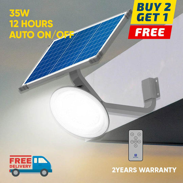 Solar garden light with 5V/35W solar panel, remote control, 12-hour auto on/off, wall or pole mounted.