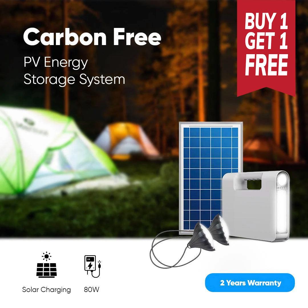 Solar rechargeable emergency lantern with power storage, ideal for camping and outdoors; features PV energy system, 80W capacity, and solar charging; includes 2-year warranty; buy 1 get 1 free offer.