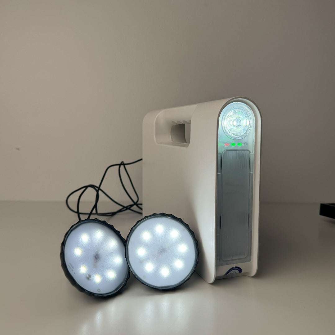 Solar rechargeable emergency lantern with dual LED lamps.