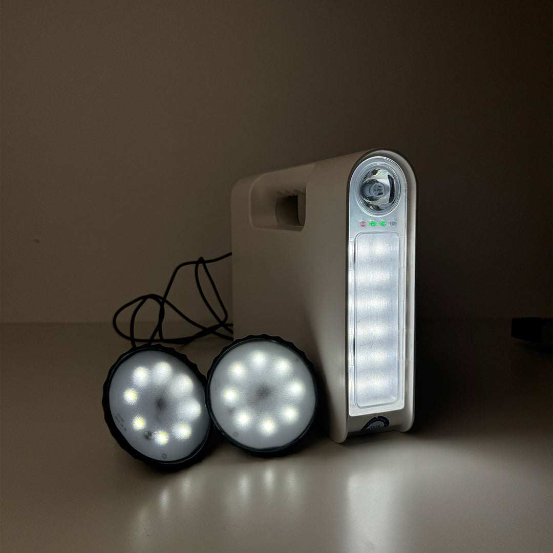 Solar Rechargeable Emergency Lantern with dual LED lights and power storage.