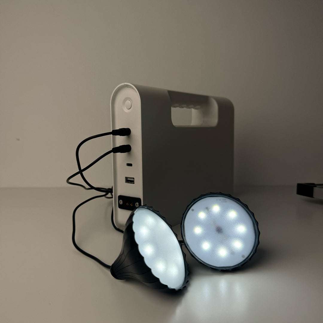 Solar rechargeable emergency lantern with power storage and external lights.