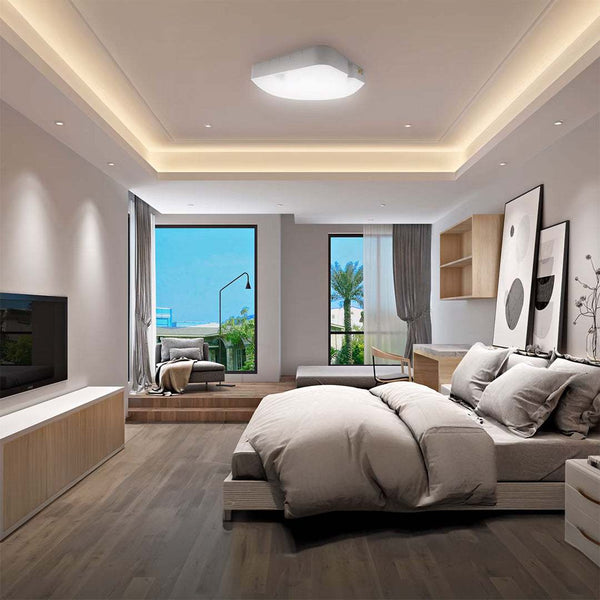 Modern bedroom featuring a Solar Ceiling & Wall Light 50W with elegant interior décor and large windows.