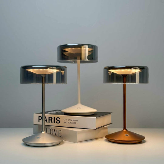 Crystal cordless table lamp with removable glass shade, modern elegance, touch switch, dimmable LED, and water-resistant design.