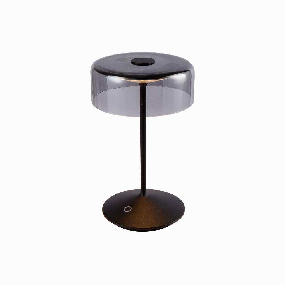 Crystal cordless table lamp with removable glass shade and touch switch on a sleek black base.