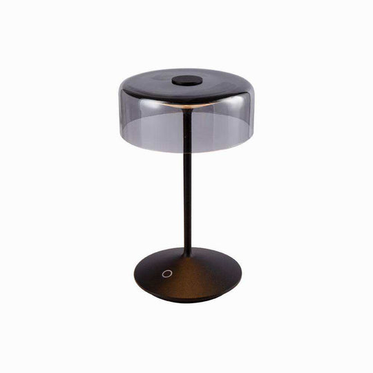 Crystal cordless table lamp with removable glass shade and touch switch on a sleek black base.