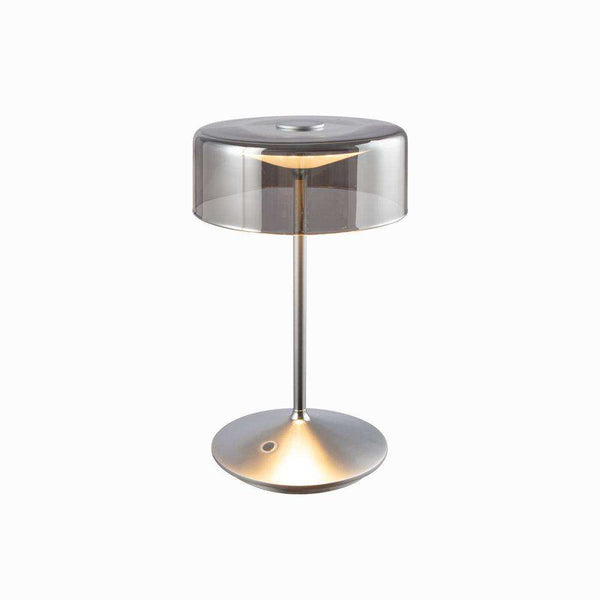Crystal cordless table lamp with removable glass shade and modern design.
