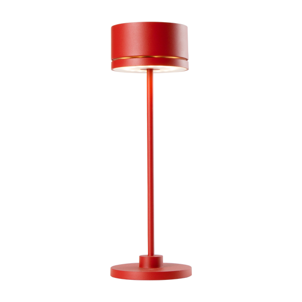Duplo cordless red LED rechargeable table lamp with touch dimming and modern design