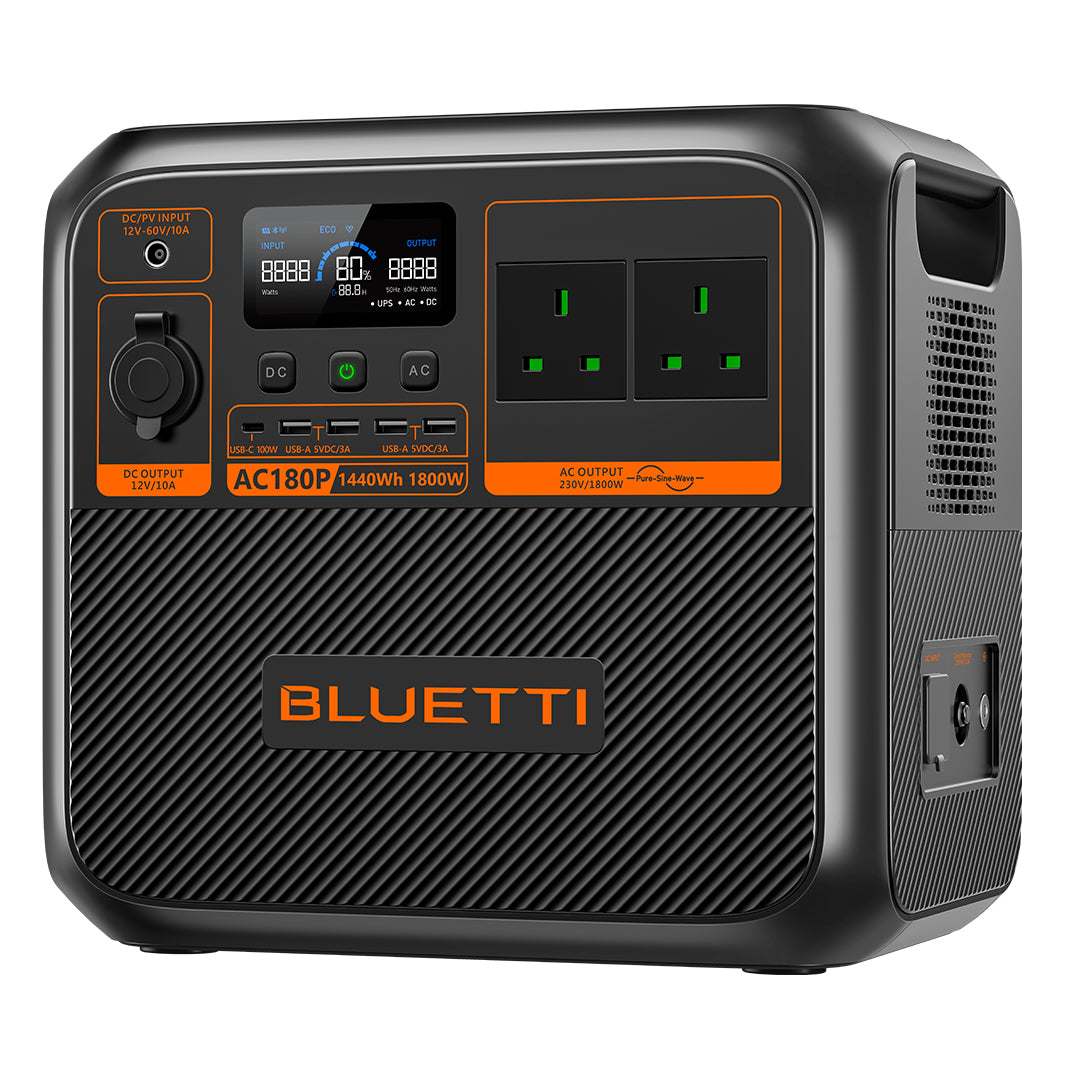 BLUETTI AC180P portable power station with 1,800W output and 1,440Wh battery capacity in compact design