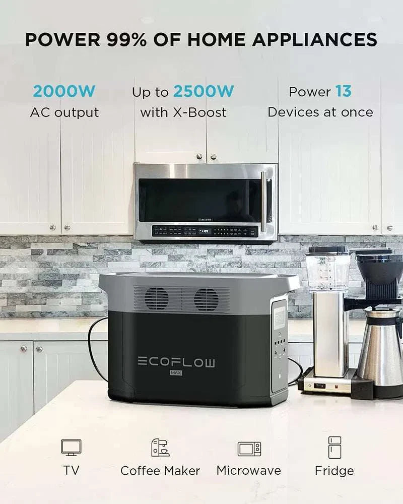 EcoFlow DELTA MAX portable power station powering kitchen appliances with 2000W output and X-Boost technology