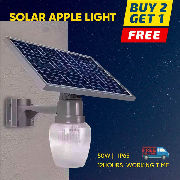 Elant Solar Golden Apple Light mounted on wall with solar panel, offering eco-friendly outdoor illumination.
