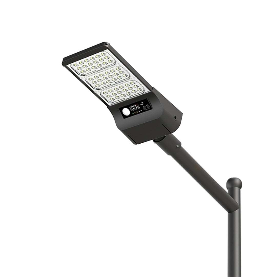 Integrated solar street light with LED panel and digital display mounted on pole